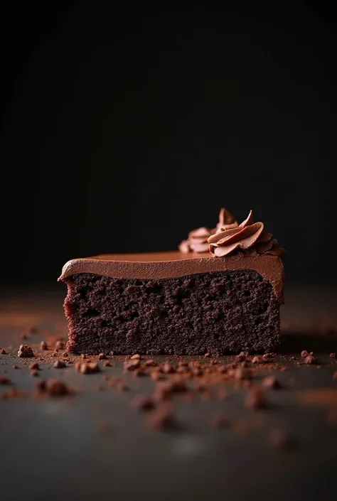 cinematic film still chocolate, chocolate cake, dark background, quality photo, moist texture, frosting, studio photo, slice . shallow depth of field, vignette, highly detailed, high budget, bokeh, cinemascope, moody, epic, gorgeous, film grain, grainy