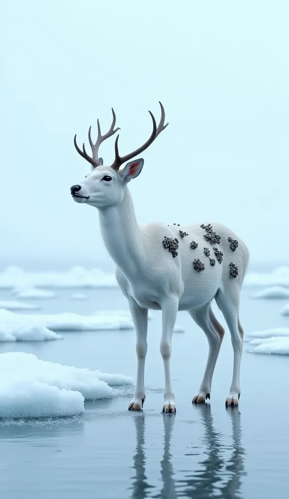 Arctic Shore Scene with Injured Deer**  
   *A vast frozen landscape with an icy shoreline. A white deer stands near the water, its fur covered with painful barnacles on its back and belly. The deer is crying in distress, surrounded by a cold and desolate ...