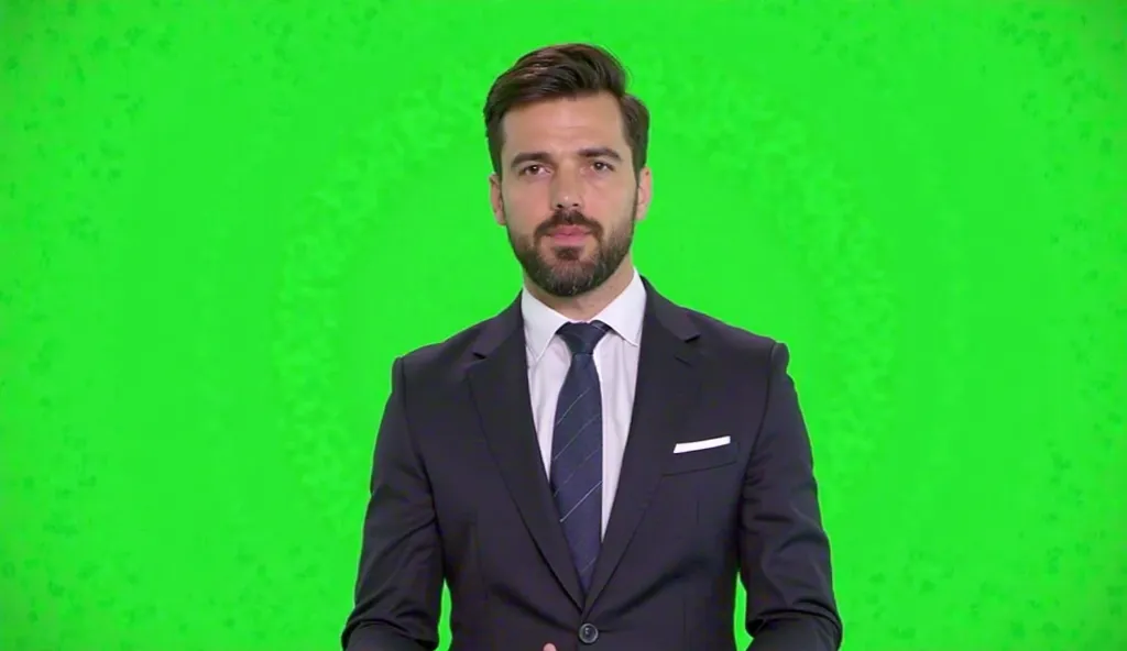 Create a highly realistic AI-generated image of a male news anchor standing confidently in front of a solid green background for chroma key editing. He has a well-groomed beard and neatly styled dark hair. His facial expression is serious yet approachable,...