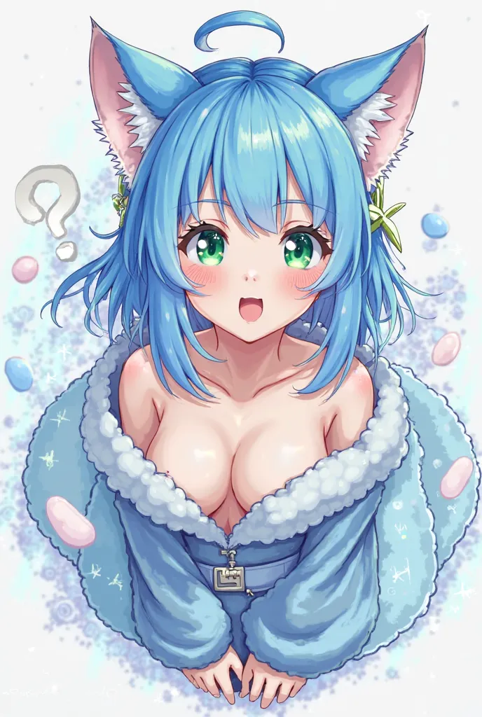 A girl with blue hair, cat ears, green eyes, exposed clothes, an open mouth and a white question flying on her body