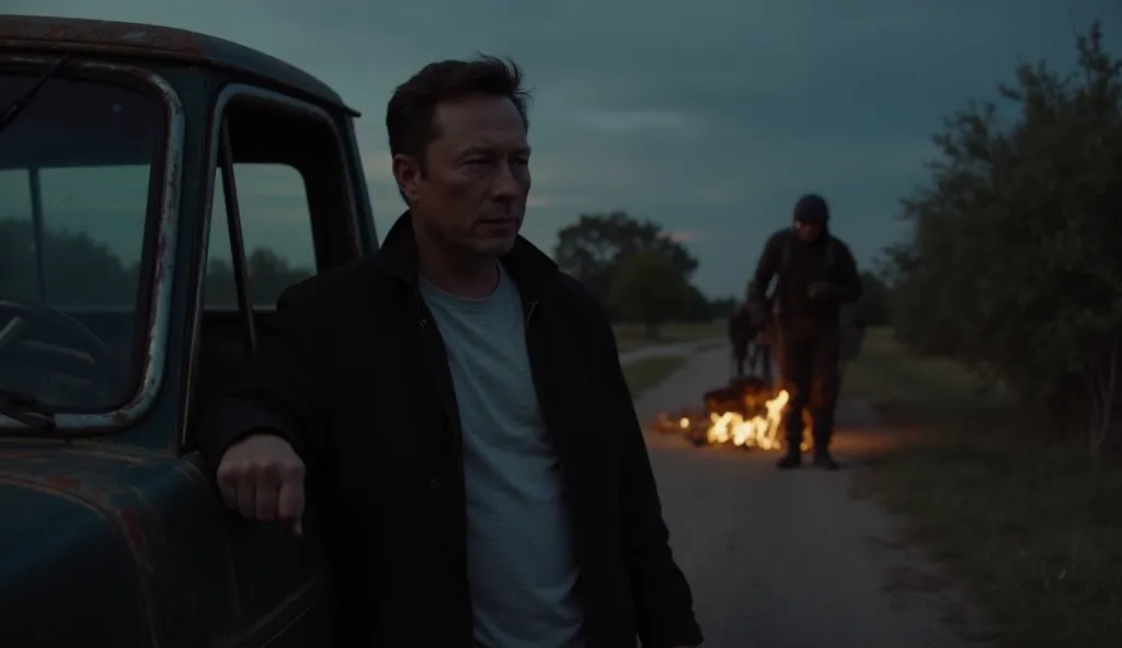 Elon Musk stands in the shadows, leaning against his old pickup truck. His face is hidden in the darkness, but there is determination in his eyes. In the distance, he sees several armed bandits dragging a man out of the house, shouting and threatening him....