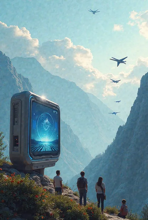 Futuristic image of tv and chinese drangons
Program playing in the tv 
Some s watching the sky from a mountain and planes performing 