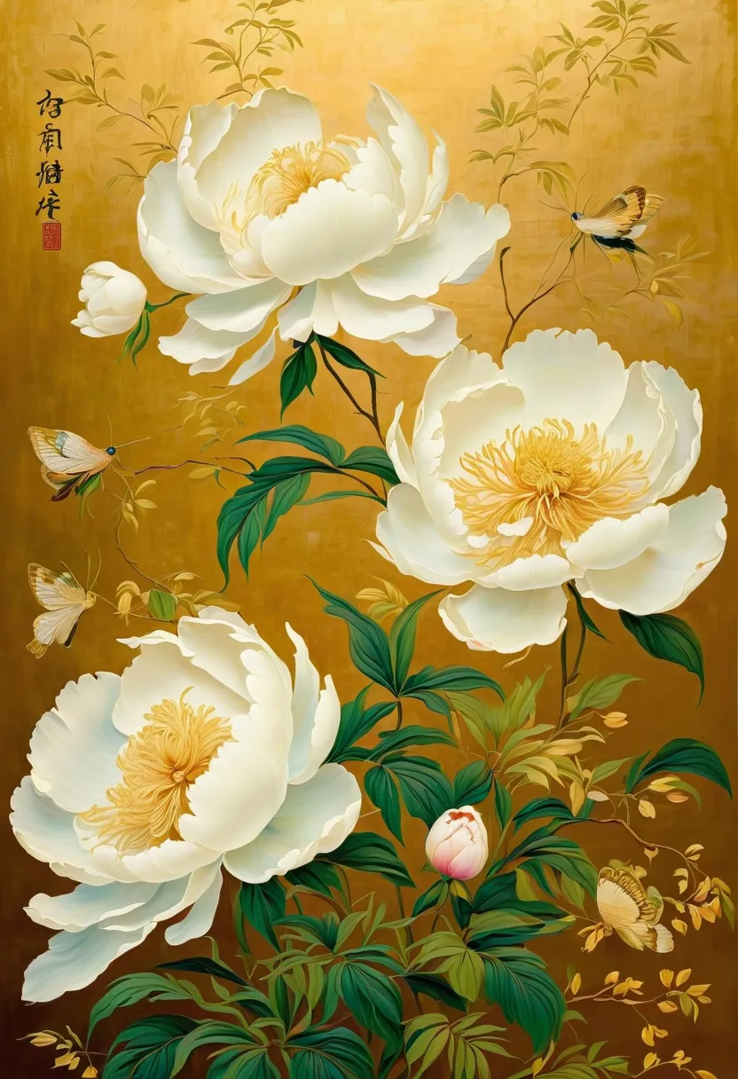 Made with traditional techniques, Japanese painting, gold paint, watercolor, glitter powder, shellfish, painted with white peonies, gold paint with flowers, lacquer-e style, the folding screen installed in a temple in Kyoto is very beautiful., a painting s...