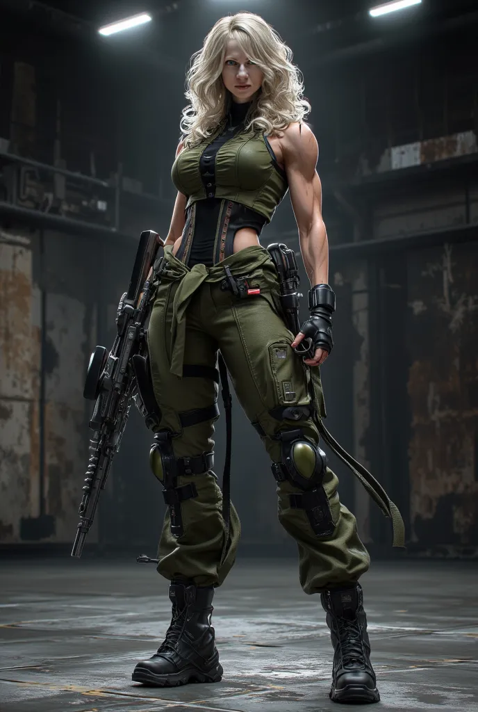 "A photo-realistic portrait with 100% realism and no extra elements, featuring a lean, muscular Sonya Blade from Mortal Kombat 3 Arcade, with the exact same face, anatomy, weight, height, expression, blonde curly hair, gaze, and hand structure as the woman...