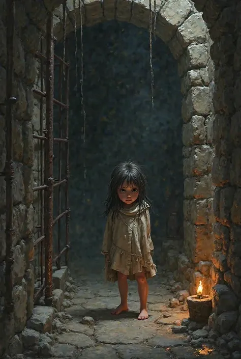 Cute medieval little young slave girl in a dungeon 