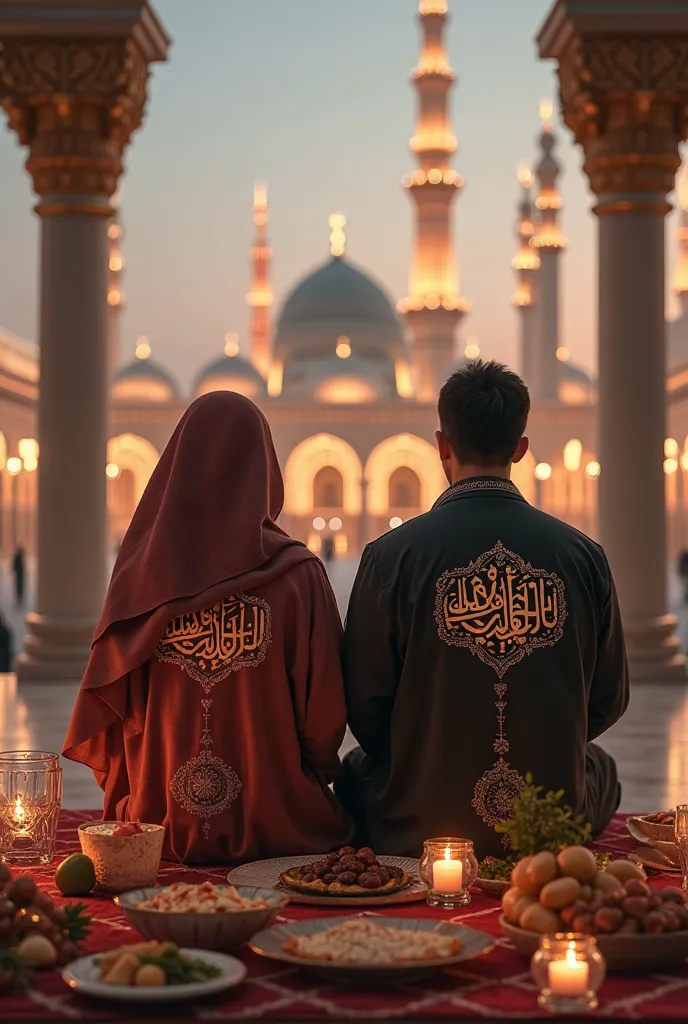 A beautifully designed Islamic scene featuring a 22-year-old husband and wife sitting on a dastarkhan for iftar. The table is filled with traditional iftar items like dates, fruits, and sharbat. The husband wears a jacket with ‘Sharafat’ clearly written in...