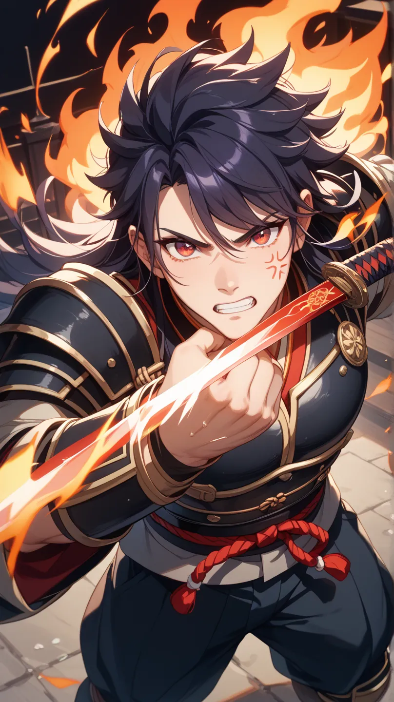 high quality、Wild and sharp-sighted samurai:1.5、 Japanese samurai、armor、An old wound under the eye、Pull your chin and stare:1.8、run towards the reader:1.6、anger、 holding a Japanese sword、roar、has strong eyes、Looking at the reader、black long hair、 dishevele...