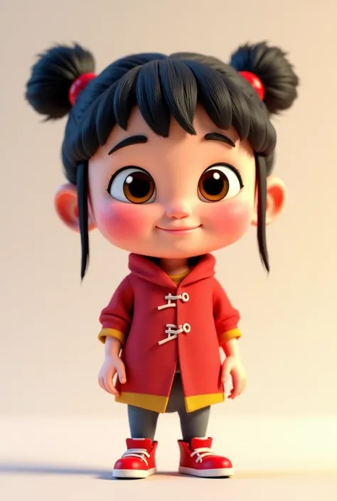 A cartoon character with a design similar to Nezha, with two sideburns on its head and dressed in the same way as Nezha in the movie "Nezha 2: The Magic  in the Sea". The cartoon character features cute 3D rendering, cute cartoon character, cute digital pa...