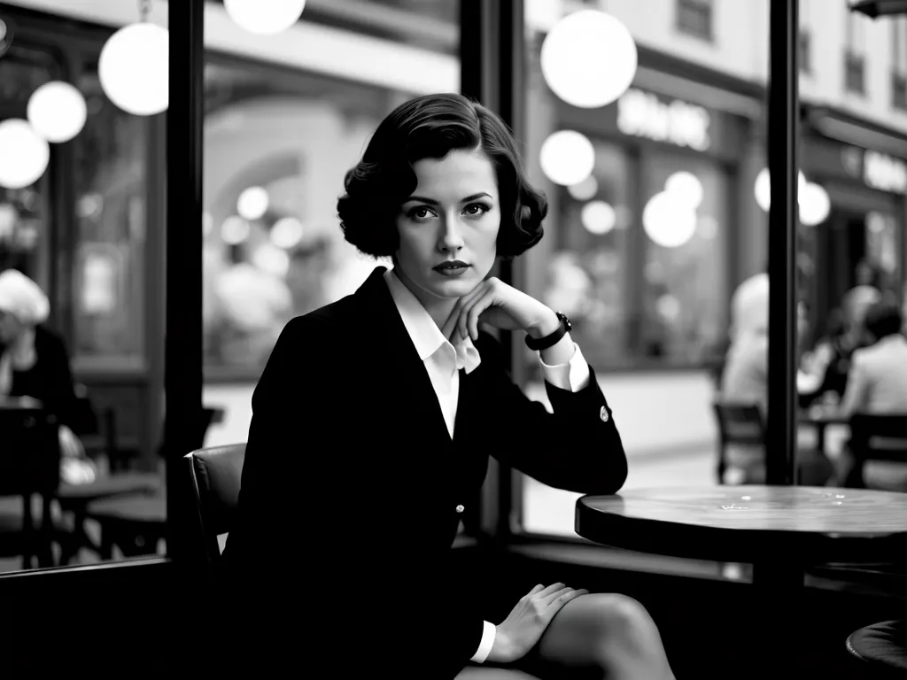 Black and white portrait of a stylish 1920s woman with short bob haircut sitting at Parisian café window, wearing Chanel-inspired strict suit, elegant posture, vintage film texture, soft lighting, 4:3 aspect ratio, grainy film aesthetic --ar 4:3 --v 6.1