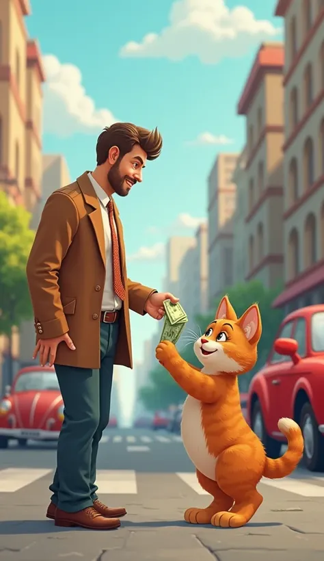 Realism, a man in office pent coat dress giving a money to Cute brown baby cat and cute brown baby cat taking money from man,cat in happy mood , background hotel car and street scene, beside red car stole,cat in cartoonic 