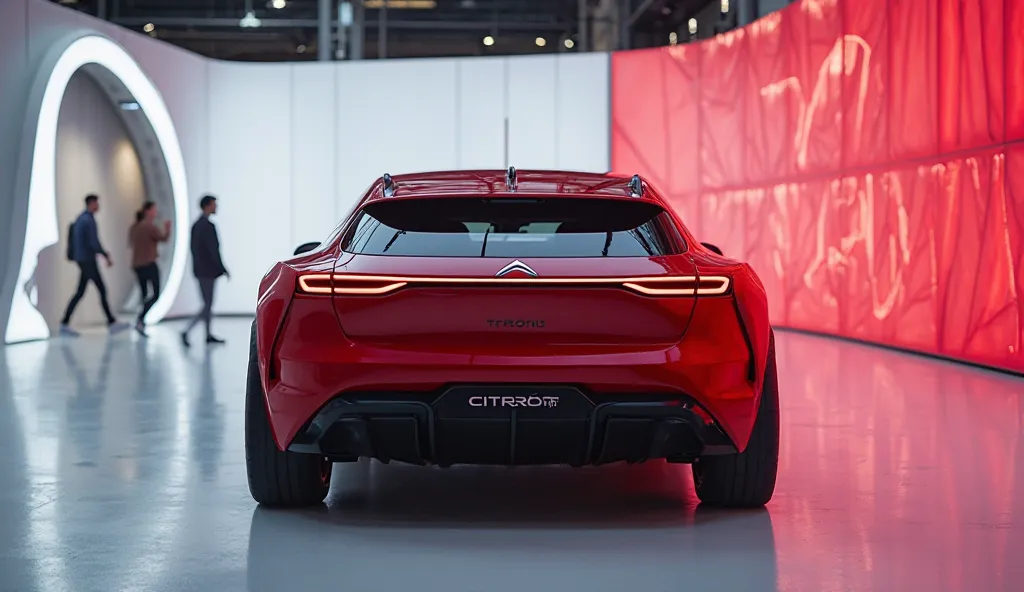 The image depicts the full back view of 2025  ( Citroen c3)  (red ) clour. in a futuristic, well showroom and back ground well logo( Citroen) . full great size with Good's walls and  highlight 56k.