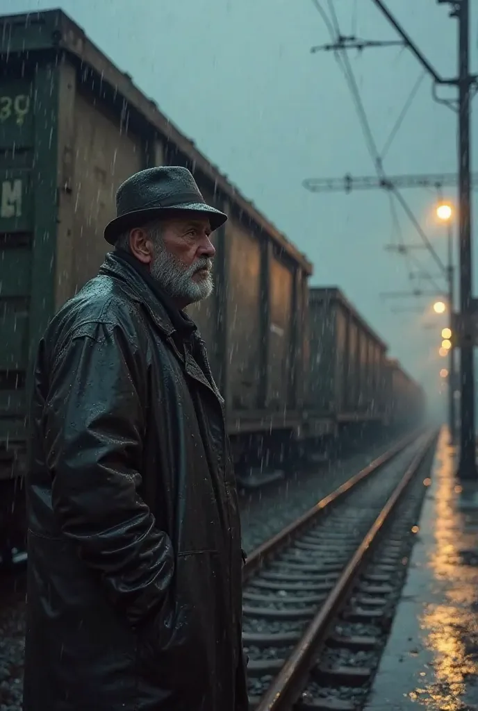 Imagine a railway operator in the middle of a gray and rainy landscape. He wears a heavy raincoat and a hat, the face scarred by fatigue. With a focused look, is hooking up two freight wagons, as the rain flows down his face and clothes. The wet rails refl...