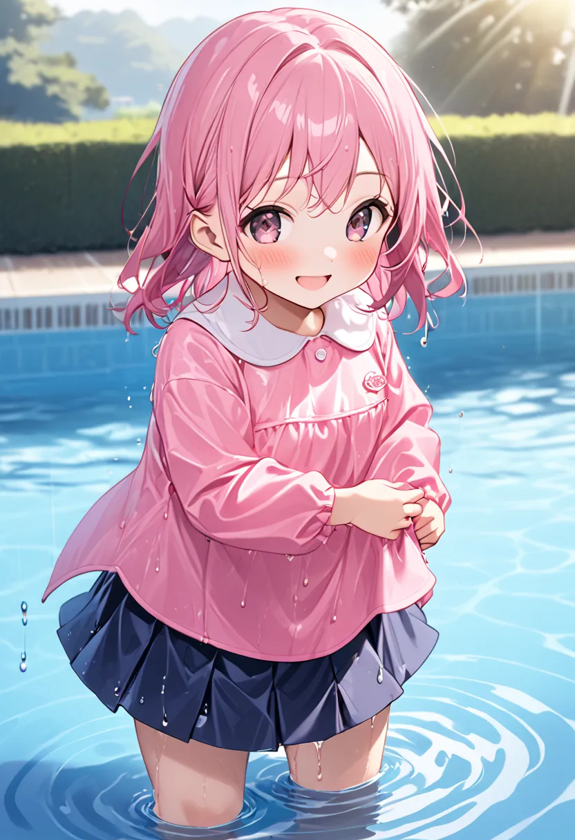 absurd, ５age, Kindergarten Mom Outfit, pink smock ,  dark blue skirt ,  cute, wet, pool, Playing in the water,  vibrant, fun,    best smile,  wet服を着て , Water-wet Smock, wet,  wet skirt, Damp clothes, The color became darker when wet, 