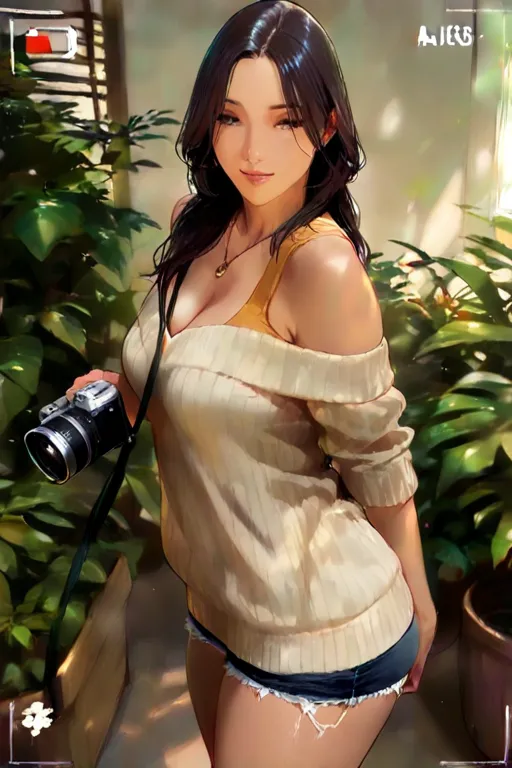 (en 8K, premium, Masterpiece butt:1.2), (Realistic woman,  camera:1.37),  ultra-thin,  natural sunlight , medium breasts,  I can see the cleavage , 1 person,  25-year-old woman, dark hair, pendants,  ripped shorts, Lightweight V-neck sweater , At the time ...