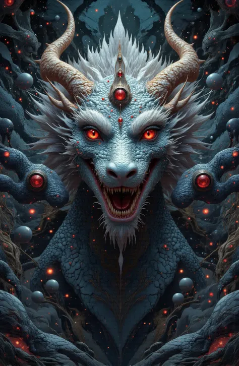 pst014,A dragon with red eyes, white scales, and horns on its head, fierce expression, dark background, front view, symmetrical composition, fantasy style, detailed details, high-definition depiction, textured skin, strong contrast between light and shadow...