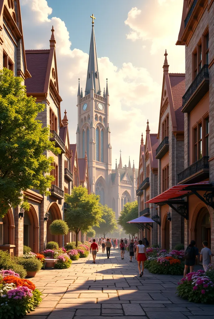 A warm happy loving traditional family friendly christian  city with awesome gothic and classical architecture with trees and flowers on a beautiful sunny day