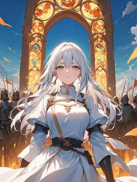 One girl standing look infront of massive  medievel army waiting his order,white hair,green eyes,wearing military uniform from era medievel.art like manhwa art.