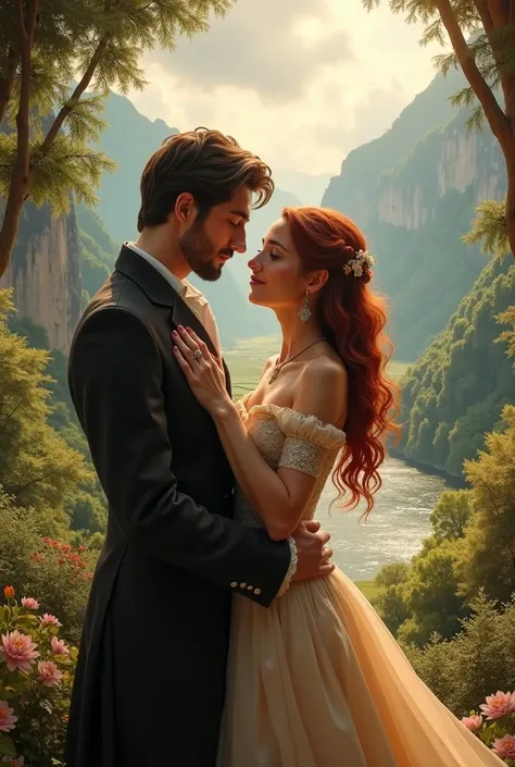 A loving couple in a period drama/fantasy setting. The woman looks like Danielle Galligan as Nina Zenik, and the man looks like Ben Barnes as Kirigan in the TV series "Shadow & Bone". She is shorter than him, and has bown hair.