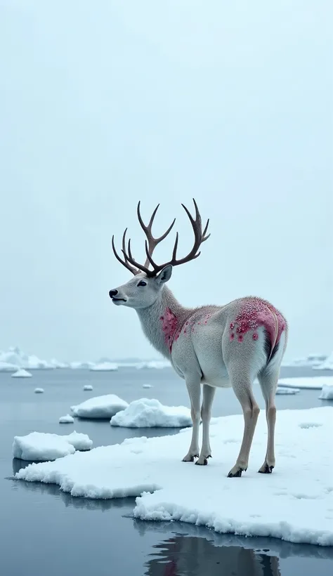 Arctic Shore Scene with Injured Deer**  
   *A vast frozen landscape with an icy shoreline. A white deer stands near the water, its fur covered with painful barnacles on its back and belly. The deer is crying in distress, surrounded by a cold and desolate ...