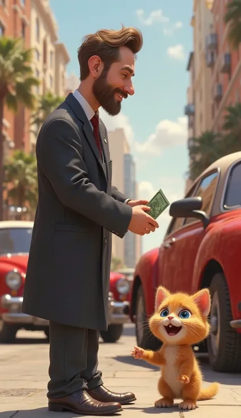 Realism, a man in office pent coat dress giving a money to Cute brown baby cat and cute brown baby cat taking money from man,cat in happy mood , background hotel car and street scene, beside red car stole, Pixar style 