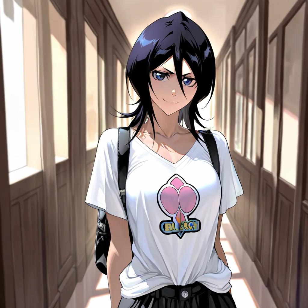 Stunningly attractive woman, Rukia Kuchiki, Bleach, High Resolution, Masterpiece, glistening, impeccable physical shape, casual clothing, different hairstyles, different clothing, different clothing styles, different clothing, Solo, 1girl, small smile, lon...