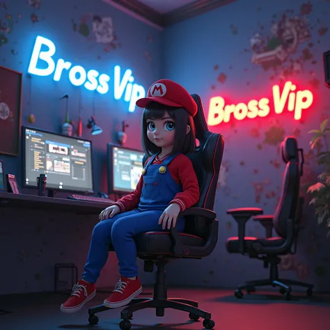 A 3D animated scene of a Japanese girl wearing a Mario Bros costume, sitting on a gaming chair. The walls are decorated with 'BrossVip' written in neon lights, glowing in dark blue and red. The room has a dark ambiance, with the neon lights illuminating th...