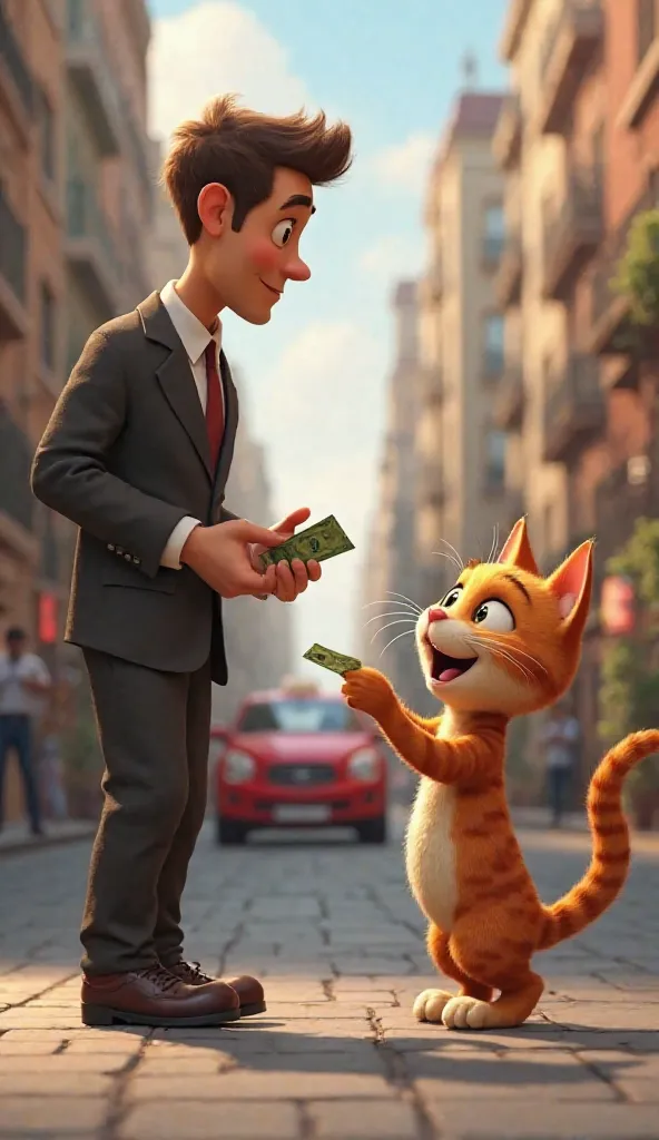 Realism, a man in office pent coat dress giving a money to Cute brown baby cat and cute brown baby cat taking money from man,cat in happy mood , background hotel car and street scene, beside red car stole, Pixar style 