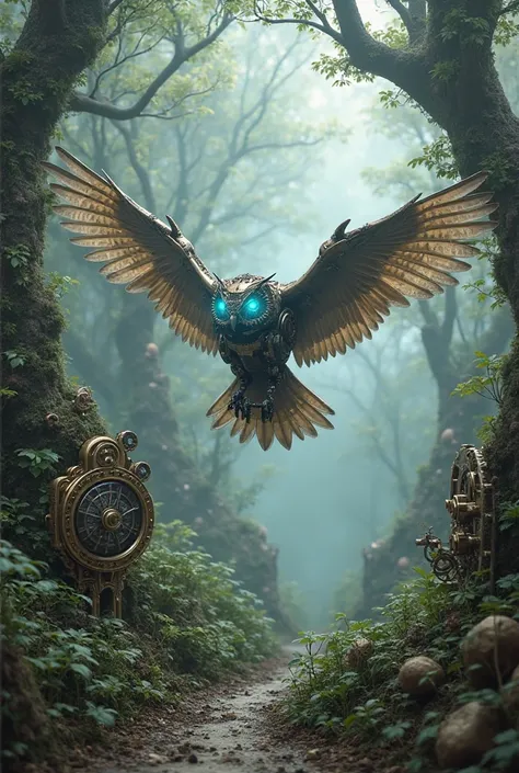   - “A steampunk jungle with gears turning in the trees. A mechanical owl with glowing blue eyes flying through the fog.”