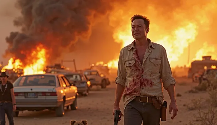 Sunset. A burning warehouse, smoking cars nearby. At the epicenter of the battle is Elon Musk with a bloody face and a torn shirt sleeve. In one hand he holds a revolver, in the other a machete, with which he had just fought off an attacker. Defeated enemi...