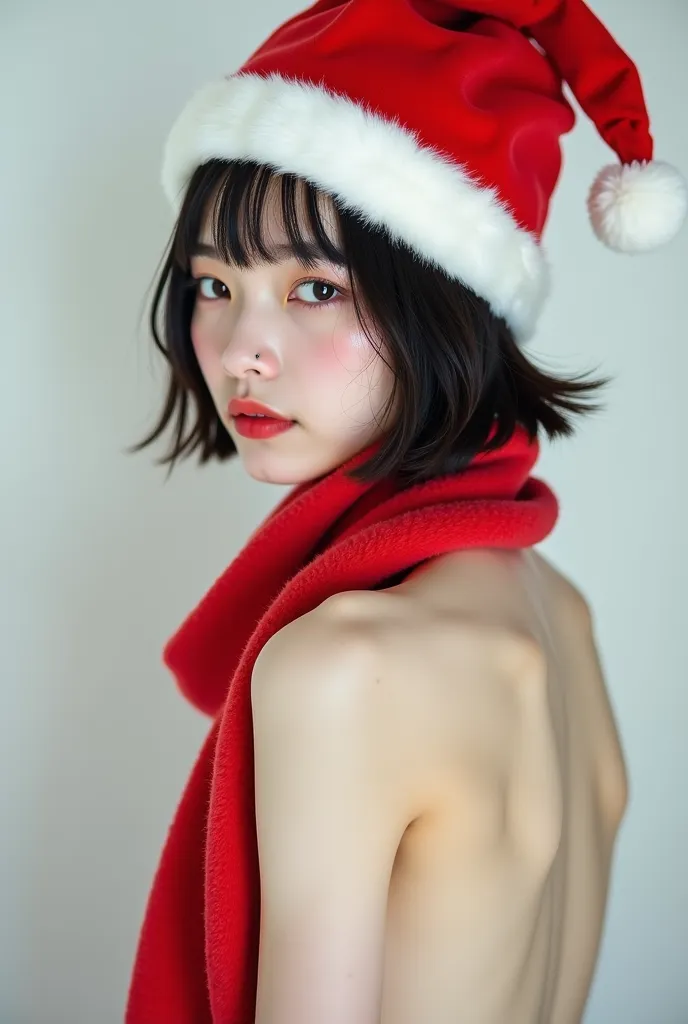 there is a naked woman wearing a santa hat and red scarf, a pastel inspired by Tadanori Yokoo, tumblr, shin hanga, japanese model, help me, Irelia, Young Sensual Gravure Idol, pale snow white skin, Yoshitomo Nara, ahri, ayami you ima, gorgeous chinese mode...