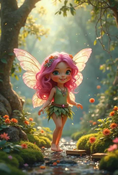 Create a dungeons and dragons character who is a fairy with pink hair, who loves books, jewelry and sparkly things, and is always barefoot. Place her in her favorite fantasy setting 