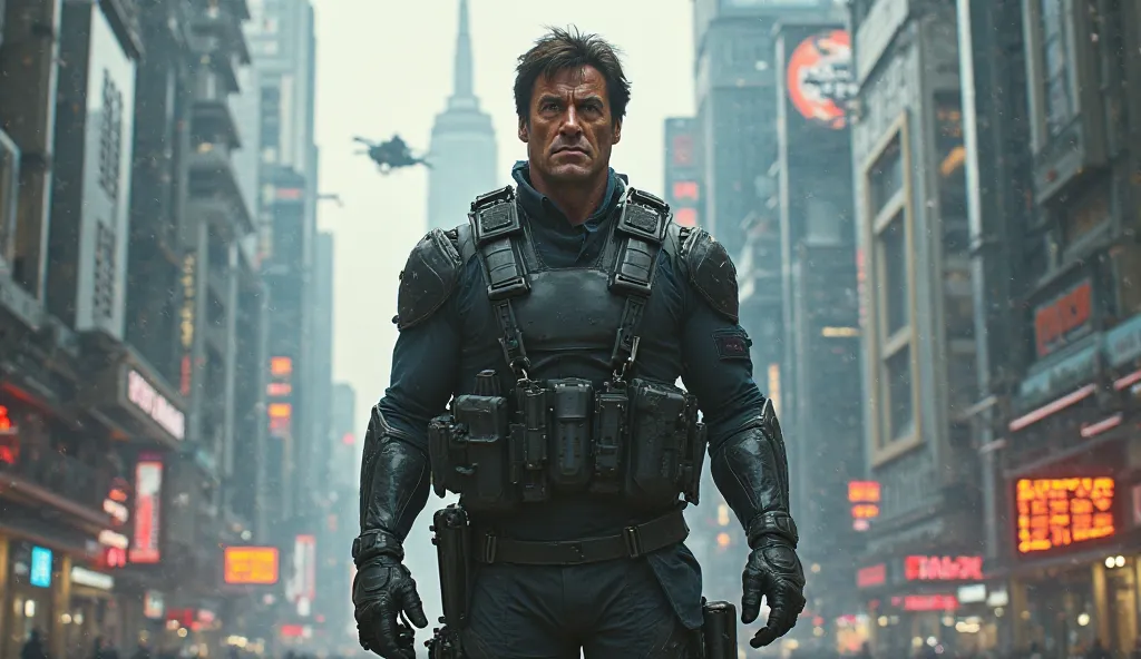 Sylvester Stallone in ready for action standing in hi tech city. 