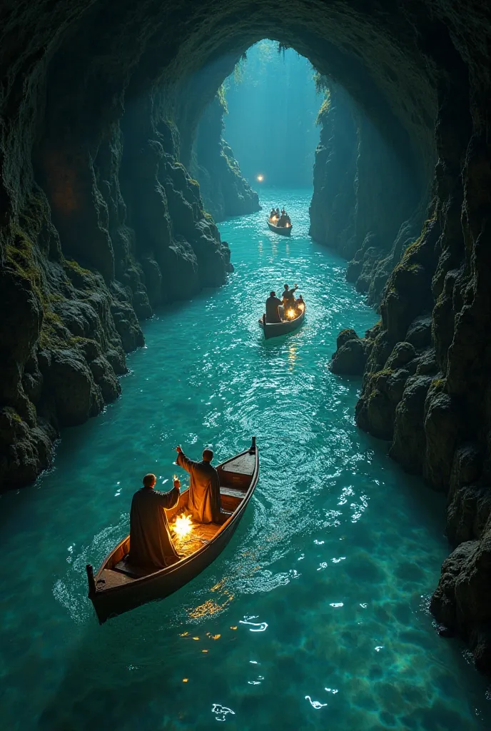 A magical underground river beneath Hogwarts, its waters shimmering with mixed potion ingredients. Small boats piloted by potion masters drift along the current, collecting glowing vials that float on the surface.