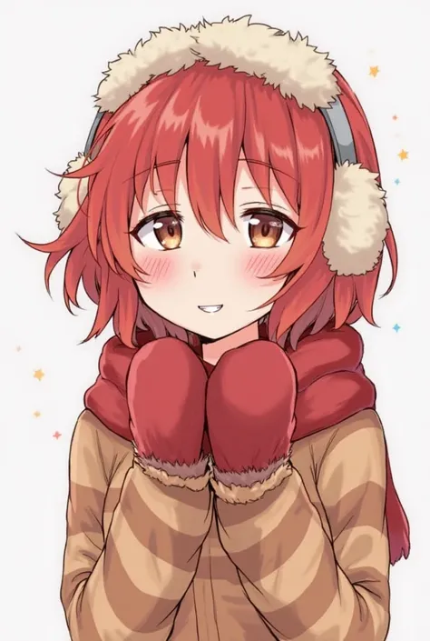 This character looks cozy and a little playful. She has short reddish hair with wavy locks and warm fur headphones. Her cheeks turn slightly pink, which gives the image a lively. She is wearing a striped long-sleeved sweater, warm red scarf and mittens,  f...