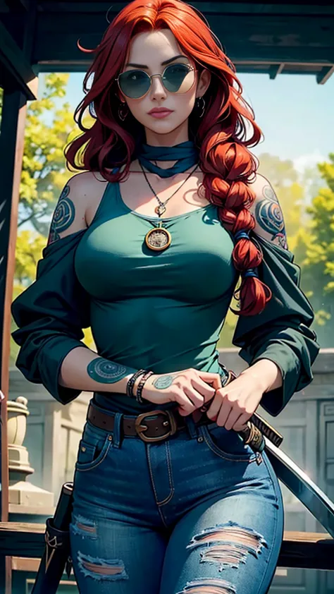 absurd quality. natural lighting. hyperrealism. Fantastic illustration. Redhead girl with long curly hair and rose tattoos on shoulders and forearms, wearing blue top and jeans, sunglasses, hair scarf, pentagram pendant on neck, carrying a katana. She has ...