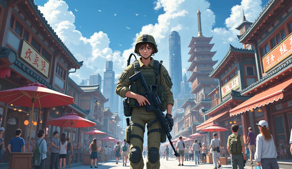 Make an illustration with isekai anime style, a modern American soldier walking in the town square, isekai city and many people.