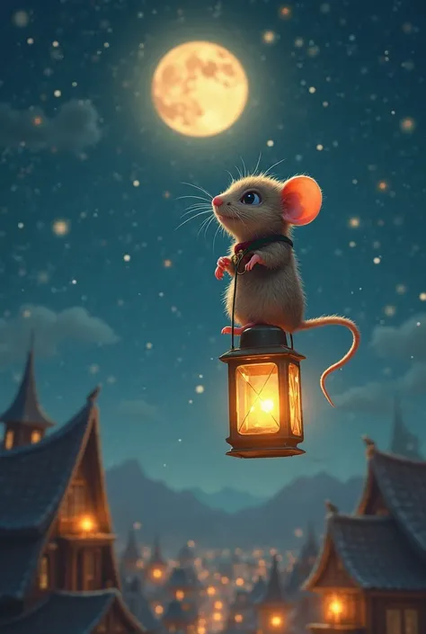 A tiny mouse is tied to a glowing lantern, floating high above a beautiful, starry village. His eyes are wide with wonder as he gets closer to the glowing moon. The wind ruffles his fur as he reaches out toward the shining moon.