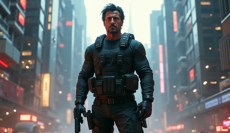 Sylvester Stallone in ready for action standing in hi tech city. 