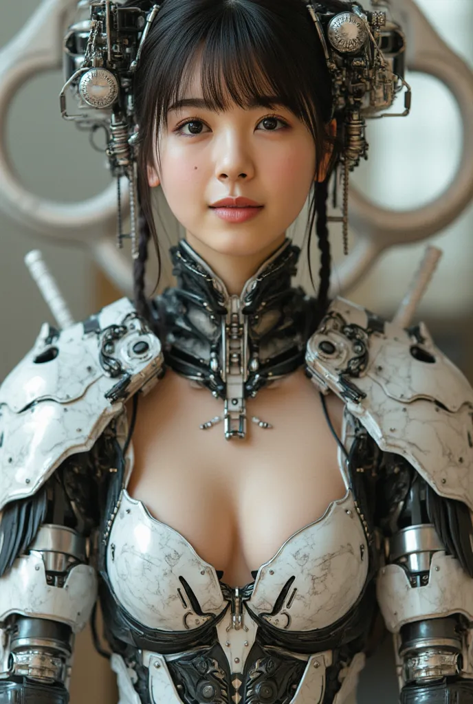 cyberpunk cyborg woman, electronic system on head humanoid, cyborg spider woman, with a visible detailed mechanical brain, with a visible detailed heart, muscles cable wires, biopunk, cybernetic, cyberpunk, huge marble-like Armard chest pads, cleavage, can...