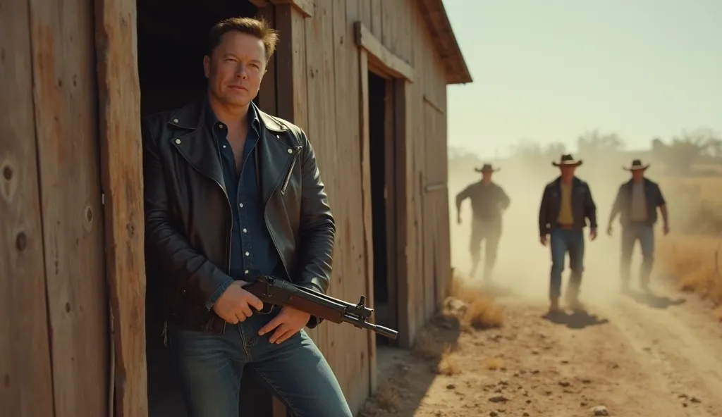 Elon Musk in jeans, a cowboy shirt and a leather jacket, with an old but reliable gun in his hands. He stands behind cover - an abandoned barn - and watches the approaching cartel members. There is cold calculation in his gaze, and in his hands there is th...