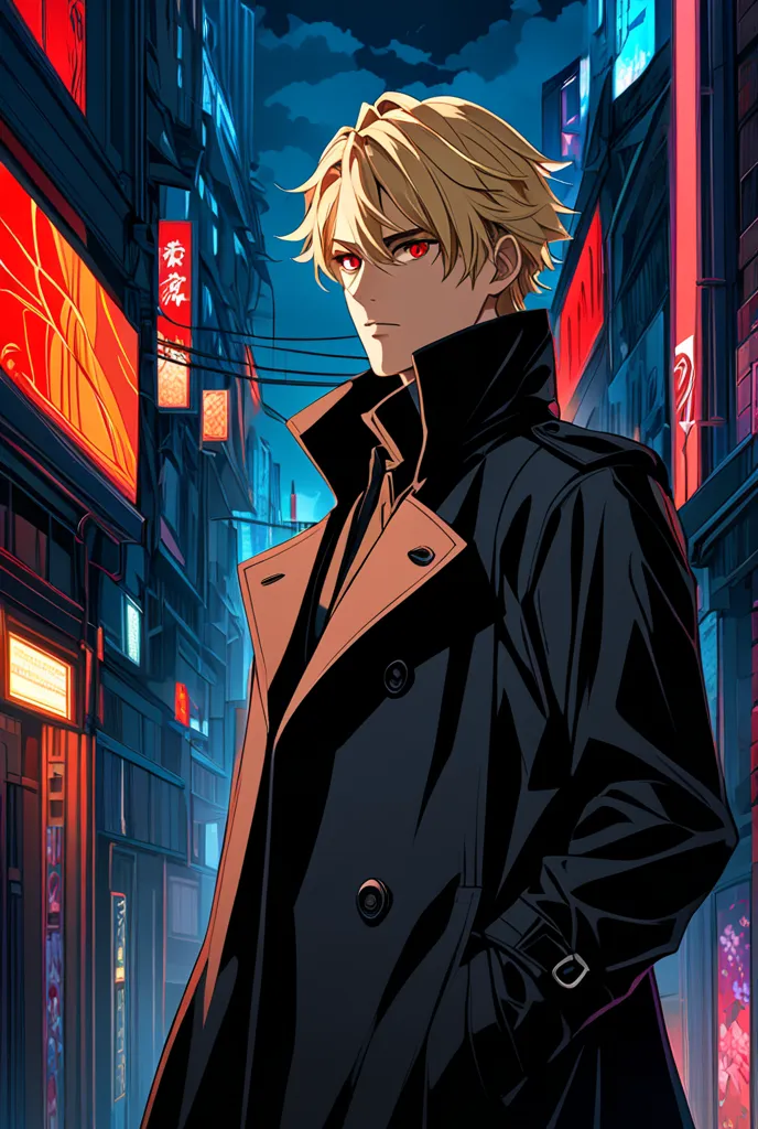  Man with short blond hair and red eyes wearing a black trench coat, 2D anime style design