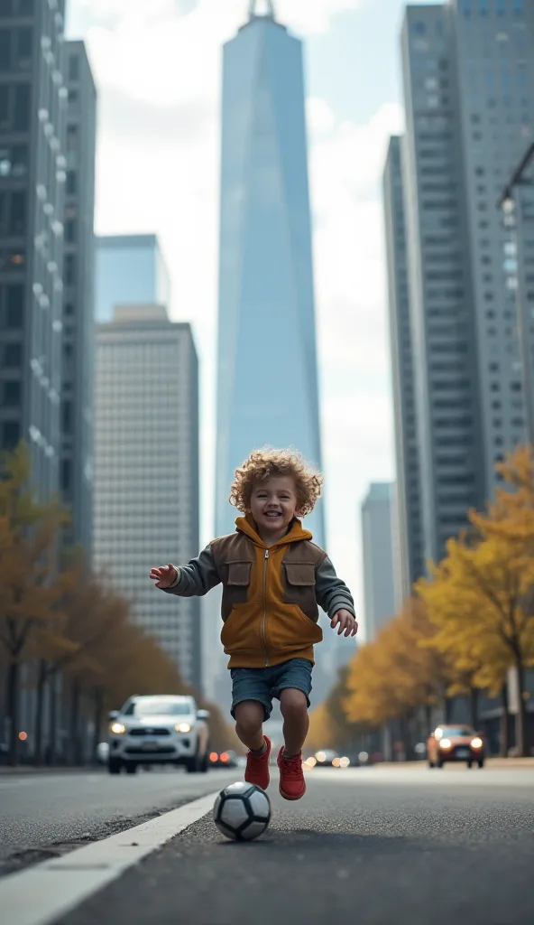 "Imagine a bustling city scene seen from the perspective of a small . Their playful movement draws the viewer’s focus, while the towering, sleek skyscrapers behind them provide an impressive backdrop. The , smiling brightly, chases after their football, th...