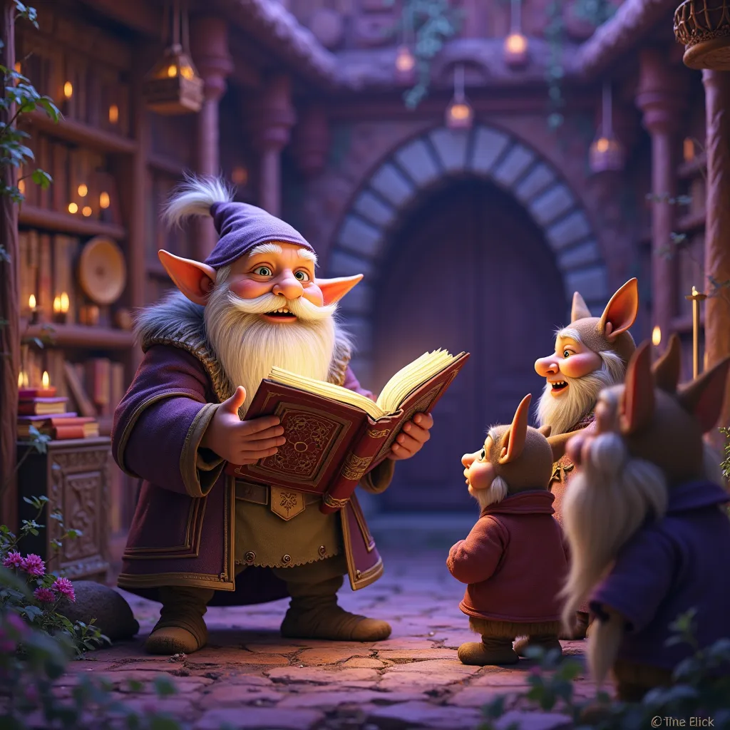 A funny bardo dwarf recommends a book to a group of Hobbits, With the Lord of the Rings theme, with many purple colors