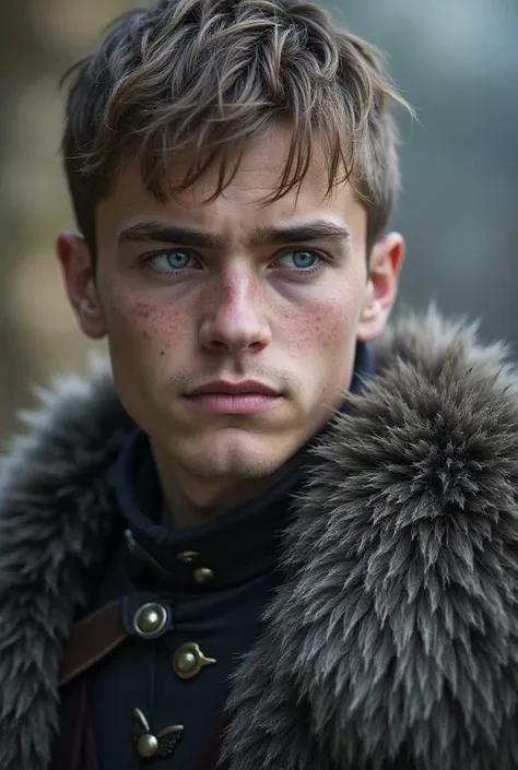 Aldric Stark ,  an 18-year-old warrior , Do you have short hair on the back,  cut practically for combat .  His intense blue eyes are penetrating ,  contrasting with his fine and delicate features , that reveal their noble lineage from the north.