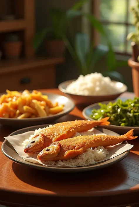 A dining table with rice, fried fish, and the filipino traditional vegetable dish, stir fried squash. The food is covered using a food cover made up of thin cloth that is translucent