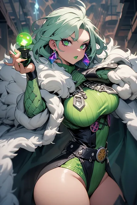 A women with green and silver hair and jewels in hair and cool earrings andhas makeup and eyeliner and lipstick and a outlaw outfit with a cool fur cape with fur around neck  and overlord boots and has guns on waist and a energy sword in hand and in a cool...