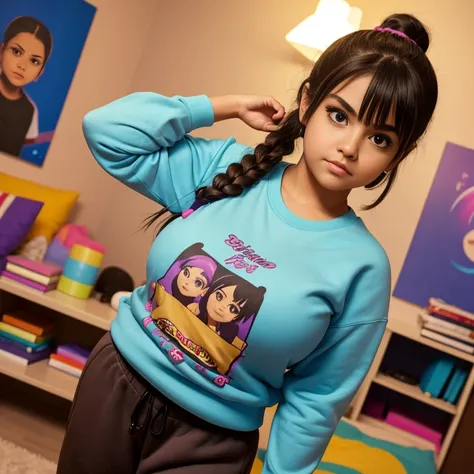 90s style, timid short cute slightly chubby raven nyuugao Mexican geeky emo girl, medium slightly wavy ponytail hair, cute detailed brown eyes, cutely detailed lips, cute highly detailed eyes and face, voluptuous breasts, thin thighs, thin hips, long sleev...