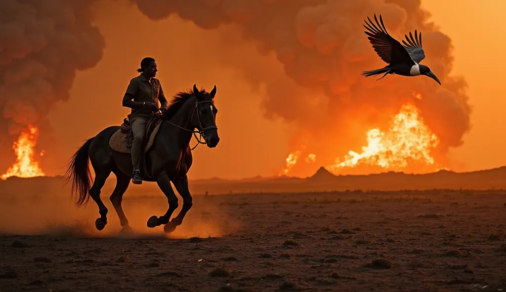 "The ground is cracked and scorched, with fiery volcanic craters spewing smoke. black horse, Tula trots steadily, while black and white Hornbill, Zulu, flies above, his wings glowing like fireflies. The atmosphere is oppressive and hot."