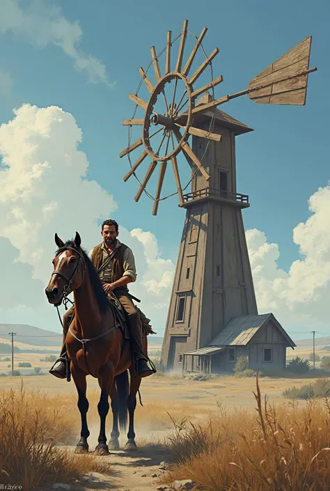 A rider on horseback in front of a windmill