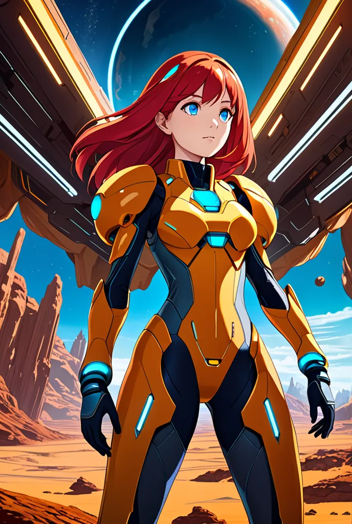 Girl with long straight red hair and blue eyes wearing a futuristic Metroid-style space suit